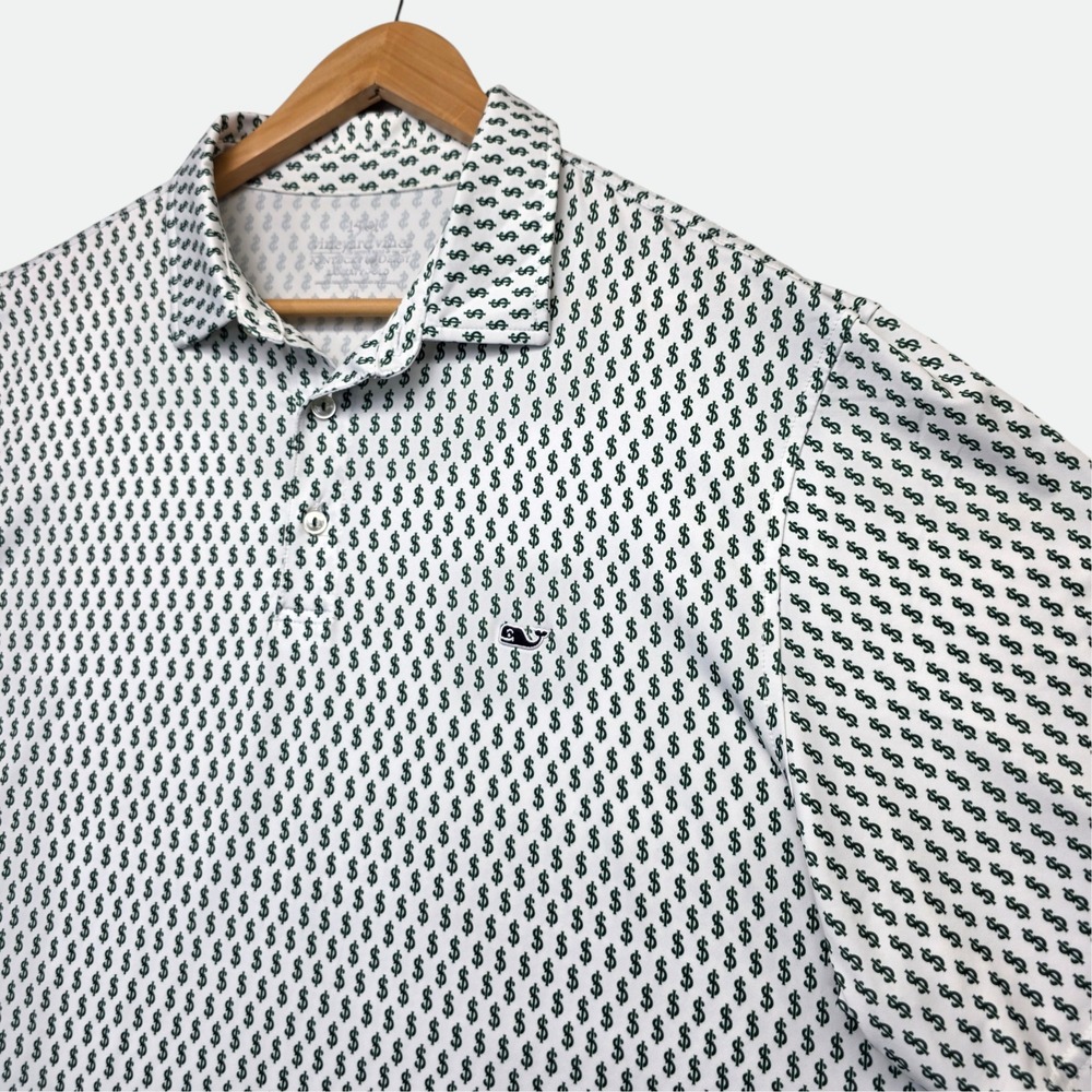Vineyard Vines Mens XL Kentucky Derby 150 Sankaty Polo Shirt Dollar Sign Green